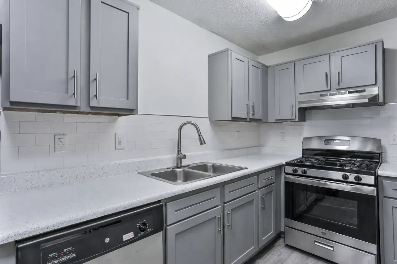 Kitchen with gray cabinets and stainless appliances