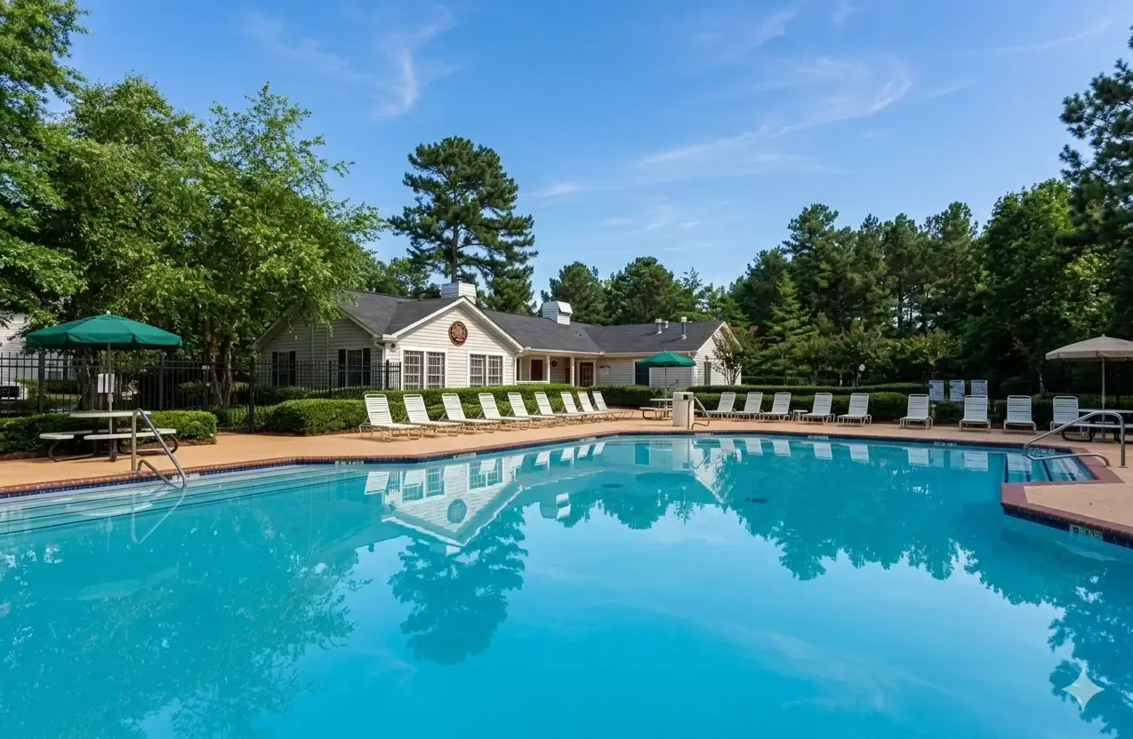 Swimming pool with lounge chairs and umbrellas, ringed by tall pines